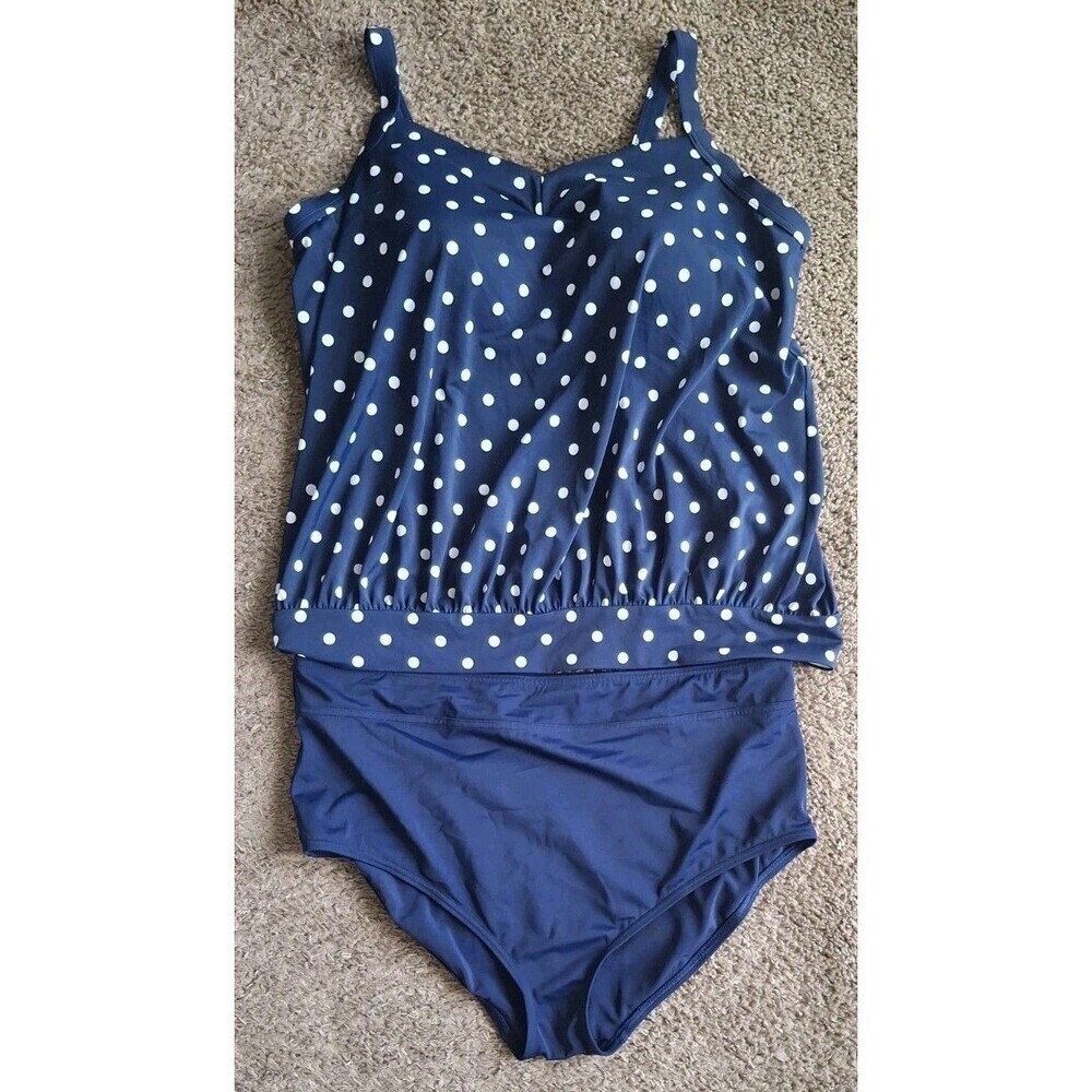 Lands End 2 Piece Swimsuit Sz 1X Blue White Polka Dot Tankini High Waist Bottom